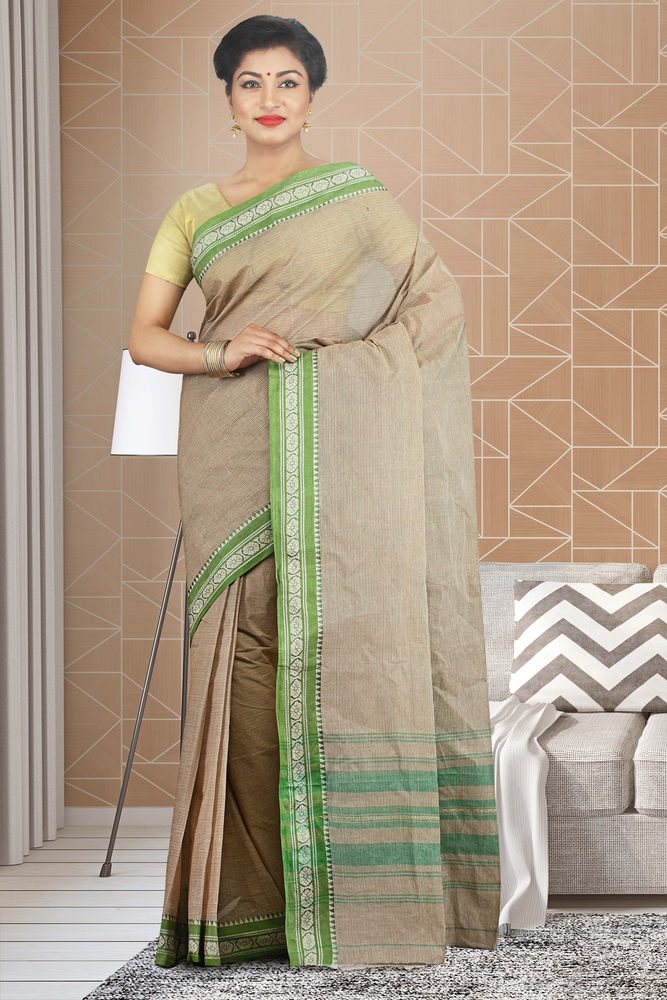 Cream Buymyethnic Woven Tant Cotton Saree (Cream)