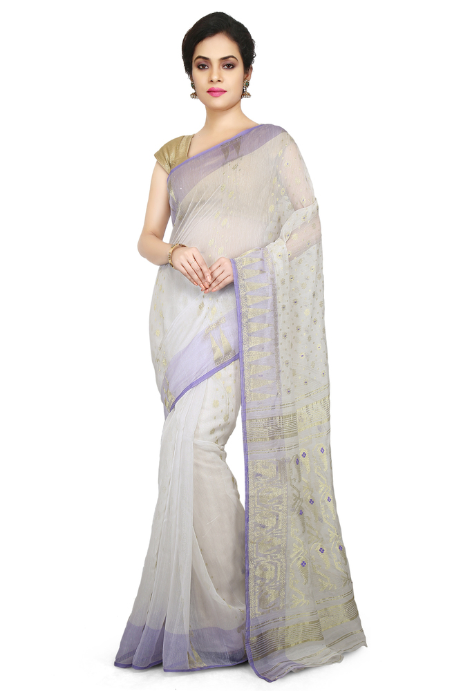 White Buymyethnic Embroidered Jamdani Handloom Silk Cotton Blend Saree (White)