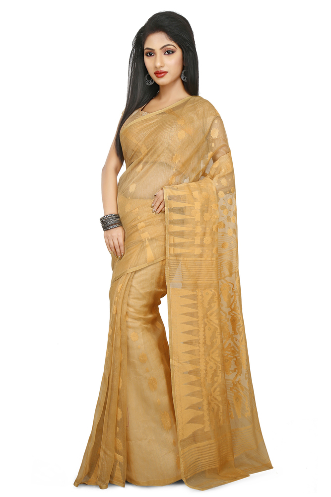 Dhakai Jamdani Sari - 5.5 Meters Length, Cream Color | Handloom Cotton, Thread-Worked Zari Design