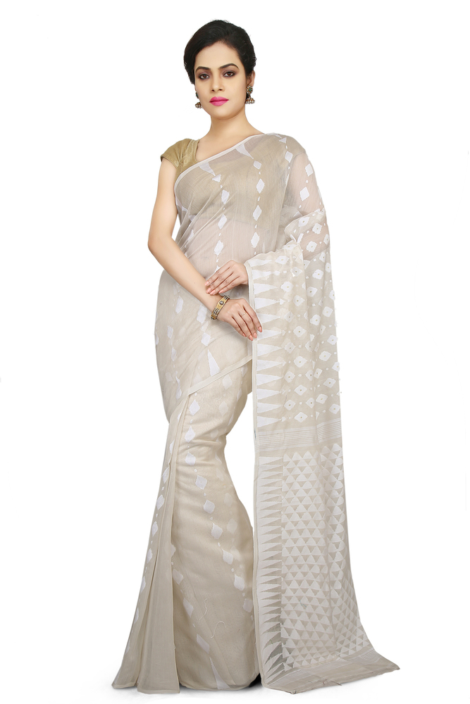 White Buymyethnic Embroidered Jamdani Handloom Silk Cotton Blend Saree (White)