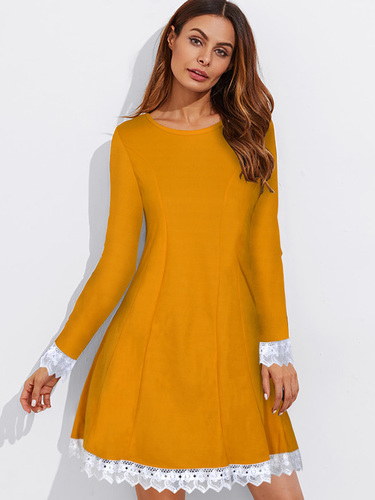 Short Western Dress - Lace and Heavy American Crepe, Length: 32-33 Inch, Sizes: S, M, L, XL, XXL, Color: Yellow, Sleeveless, No Fade, Washable