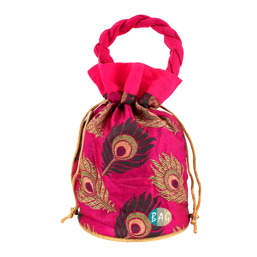 Puja Bag - Silk, 7x7x4.5 Inches | Assorted Color, Drawstring Closure With Handle