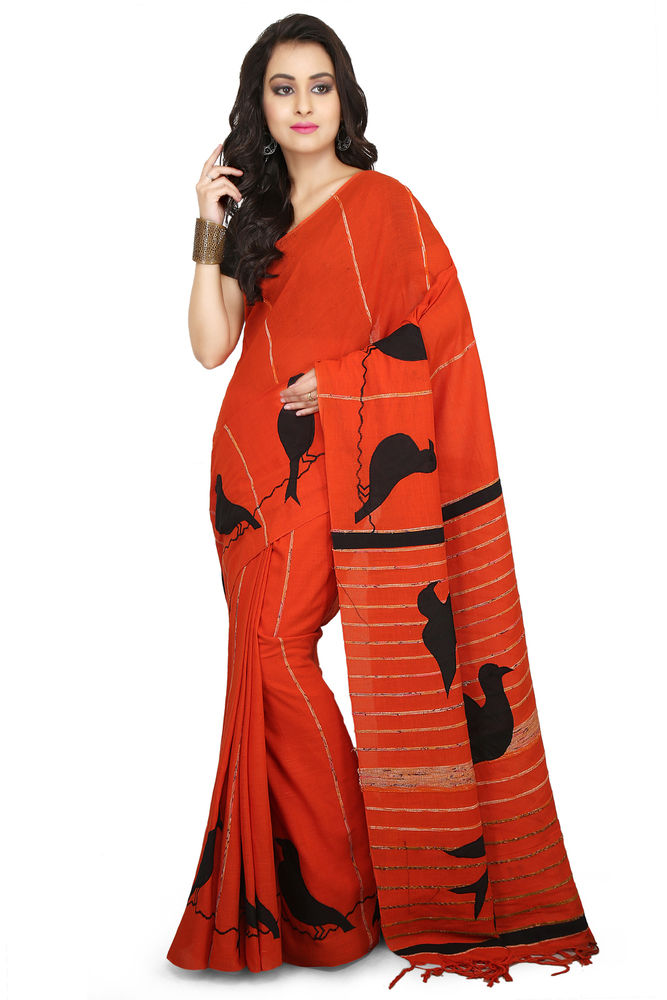 Orange Buymyethnic Shantiniketan Khesh Applique Cotton Saree (Orange)