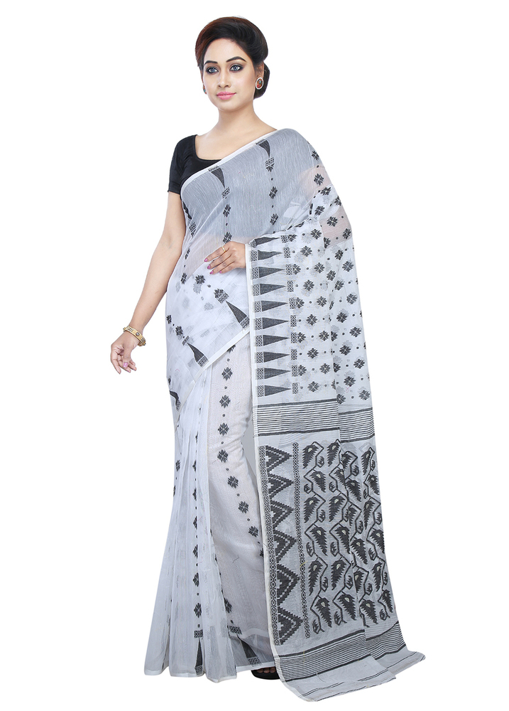 Grey Buymyethnic Embroidered Jamdani Handloom Silk Cotton Blend Saree (Grey)