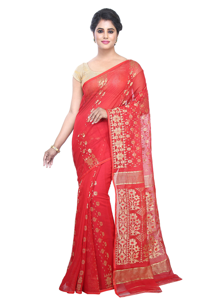 Red Buymyethnic Embroidered Jamdani Handloom Silk Cotton Blend Saree (Red)