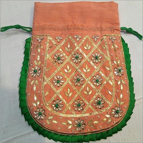 Ethnic Ladies Potli Bag - Premium Raw Silk, 12x12 Inches, Orange and Green Color, Embellished with Gota Patti, Beads, and Stones, Stylish Handle for Women