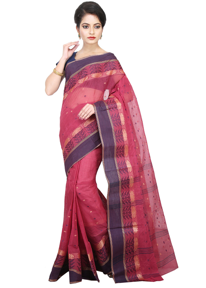 Pink Buymyethnic Woven Tant Cotton Saree (Pink)
