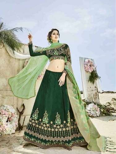 Green Silk Zari Designer Lehenga Choli - Wedding & Bridal Wear, Customized Semi-Stitch, Long Sleeve