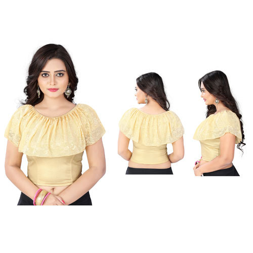 Ladies Designer Blouse - Linen, Size M/L/XL, Light Golden Color - Modern Off-Shoulder Lace Design for All Seasons