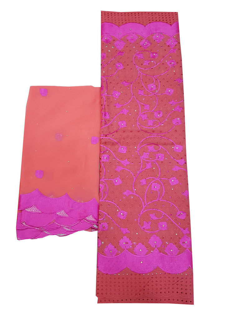 Cotton Dry Lace Fabric With Pink Color With Cotton Embroidery Length: 5+2  Meter (M)