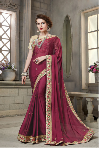 PARTY WEAR SAREE - TWO TONE SILK/GEORGETTE, HEAVY EMBROIDERED Work with Pearl Accents on Front, Back, and Sleeves, Customized Size Options