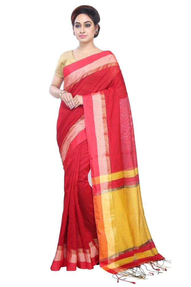 Red Buymyethnic Woven Tant Cotton Saree (Red)