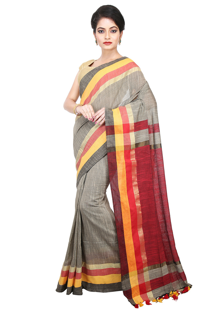 Cotton Tant Traditional Saree - Grey, Plain Design with Zari Decorative Material for Festive and Casual Wear