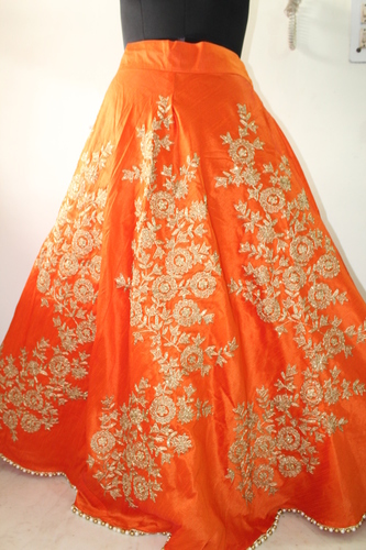 Designer Embroidered Skirts - Silk, 43 Inch Length, 32-44 Inch Waist | Moti Lace Trim, Floral Embroidery, Elastic Back, Zipper Side Closure