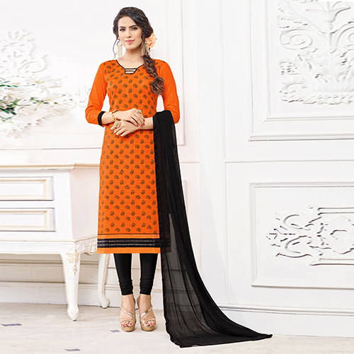 Orange & Black Embroidered Cotton Suit
