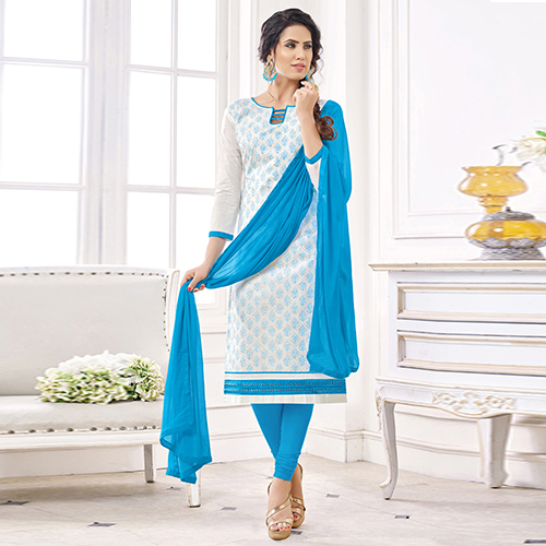 White & Sky Blue Cotton Unstitched Straight Suit