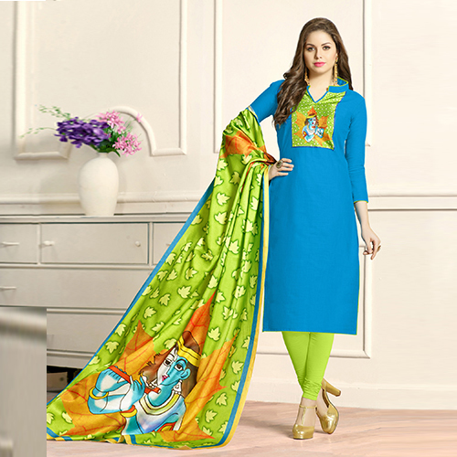 Sea Blue  And Light Green Cotton Printed Suit