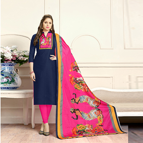 Navy Blue And Pink Unstitched Printed Salwar Suit