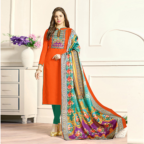 Designer Cotton Straight Suit - Free Size, Multicolor Printed Fabric with Matching Manipuri Silk Dupatta & Plain Cotton Bottom