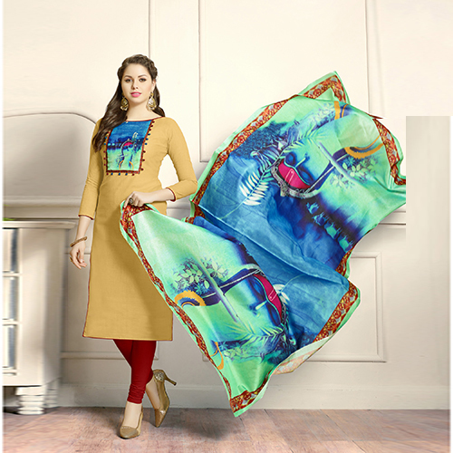 Designer Slube Cotton Digitally Printed Unstitched Straight Suit - Free Size, Beige and Maroon with Matching Manipuri Silk Dupatta, Full Sleeves, Washable and Breathable