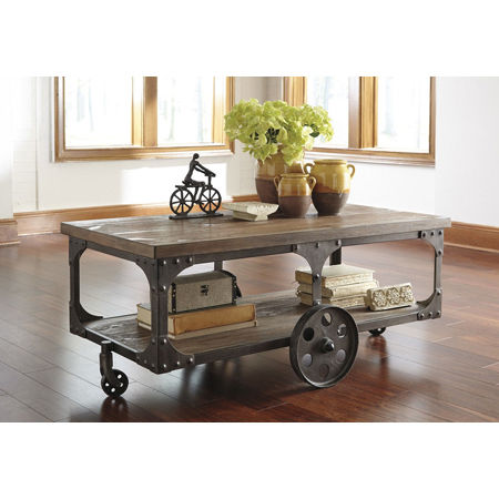 Attractive Gray Rectangle Industrial Wood Cart Coffee Table