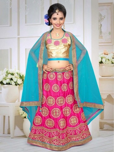 Pink Net Embroidered Party Lehenga Choli - Custom Designer Readymade, Girls' Fashion Wear with Dry Clean Care Instruction