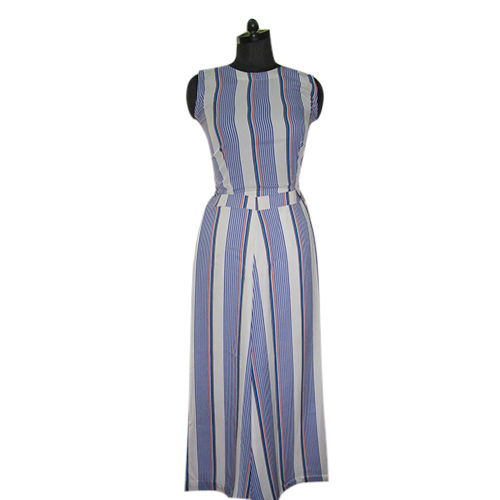 White Ladies Gown - Cotton Sleeveless Casual Dress | Washable, Striped Pattern in White & Blue, Available in L, M, XL, XXL for All Seasons
