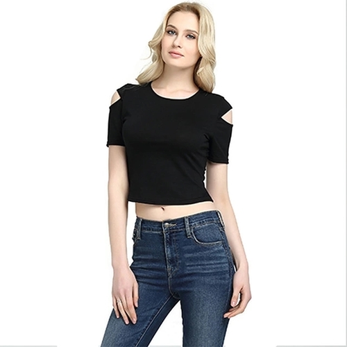 Stylish Trendy T-Shirt - Cotton Blend, Length 15 Inches, Black Color - O-Neck, Short Sleeves, Perfect Fit for Girls