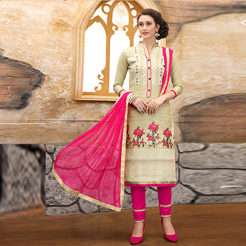 Cotton Embroidered Straight Suit - Free Size, Beige & Pink with Matching Chiffon Dupatta | Anti-Wrinkle, Breathable, Quick Dry, Elegant Design