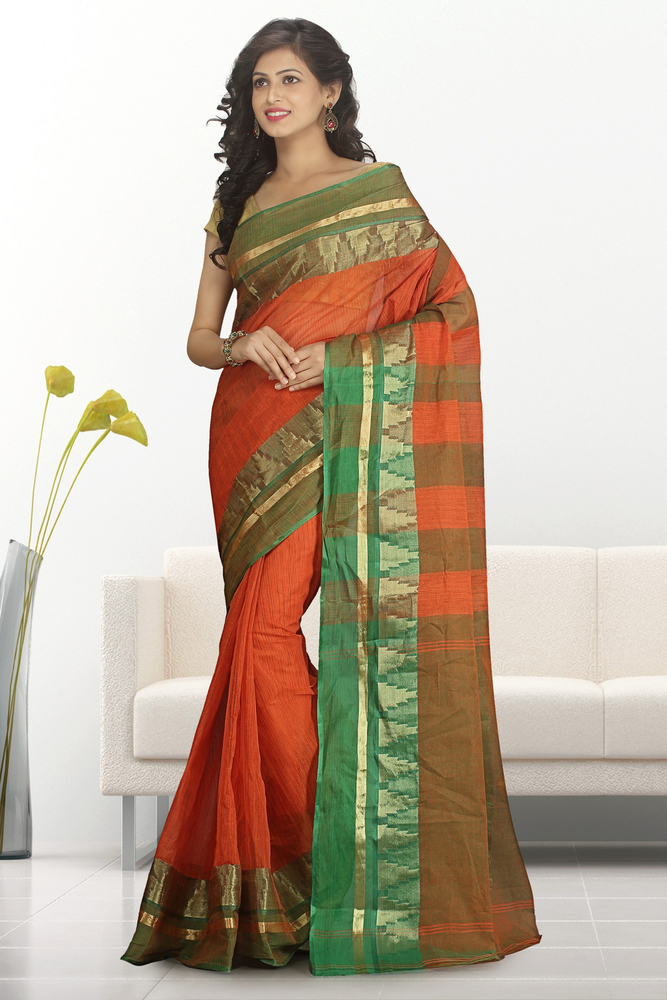 Orange Buymyethnic Woven Tant Cotton Saree (Orange)
