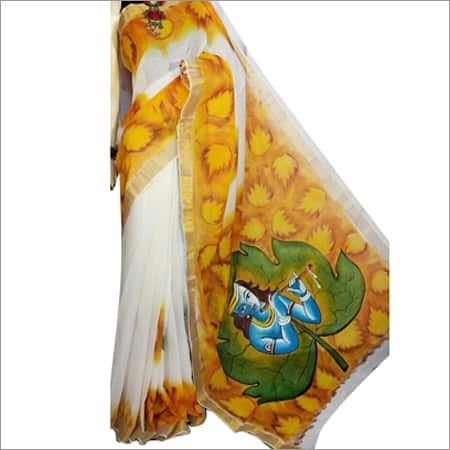 Acrylic Colour Hand Painted Pure Cotton Saree