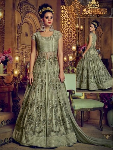 Green Net Embroidered Anarkali Salwar Kameez - Semi-Stitched Ceremony Wear for Women Customizable Design