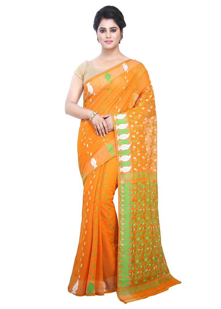 Yellow Buymyethnic Embroidered Jamdani Handloom Silk Cotton Blend Saree (Yellow)