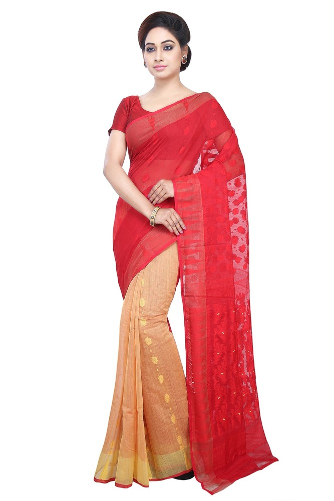 Red Buymyethnic Embroidered Jamdani Handloom Silk Cotton Blend Saree (Red)