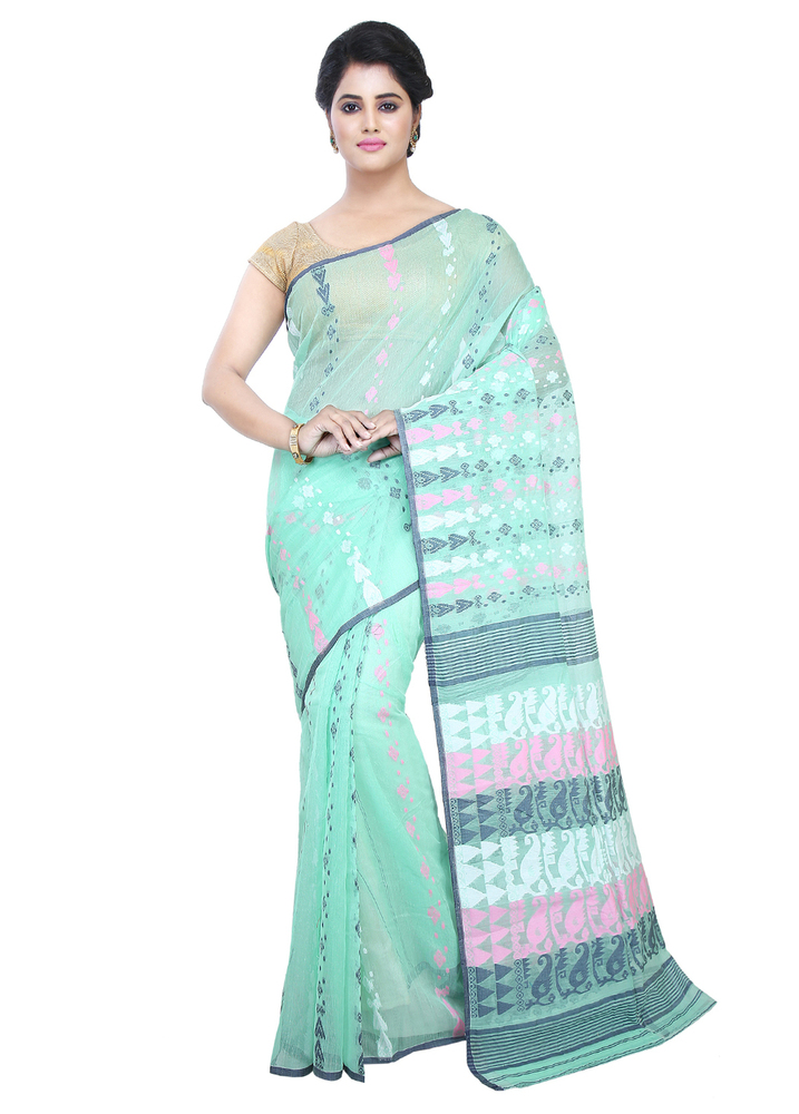 Green Buymyethnic Embroidered Jamdani Handloom Silk Cotton Blend Saree (Green)