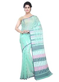 Green Buymyethnic Embroidered Jamdani Handloom Silk Cotton Blend Saree (green)