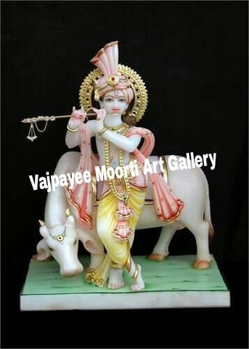 Marble Cow Krishna Statue With Flute