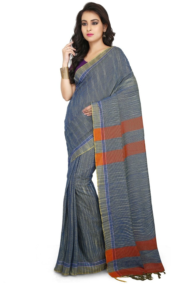 Blue Buymyethnic Woven Tant Cotton Saree (Blue)