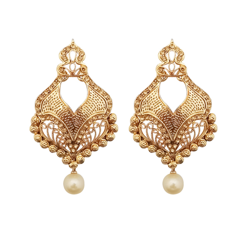 Gold Plated Dangler Earrings - Zinc Alloy, Imitation Pearl, Ethnic Design | Durable, Shining Stones, Perfect for Festive Occasions, Classy Look