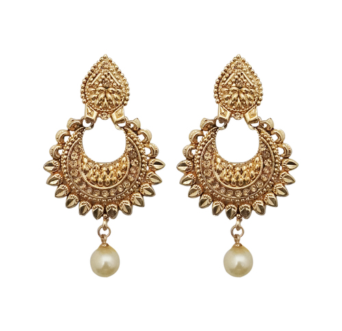 Gold Plated Dangler Earrings - Zinc Alloy, Imitation Pearl & Shining Stones | Ethnic Design for Festive Occasions, Durable & Comfortable Fit