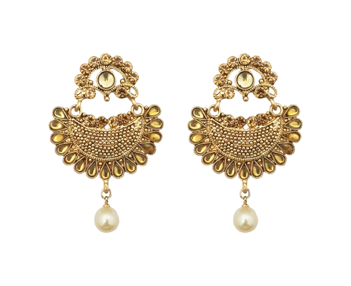 Gold Plated Dangler Earrings - Zinc Alloy Yellow Gold Imitation Pearl | Festive Occasion Ethnic Design Durable Quality for Classy Look
