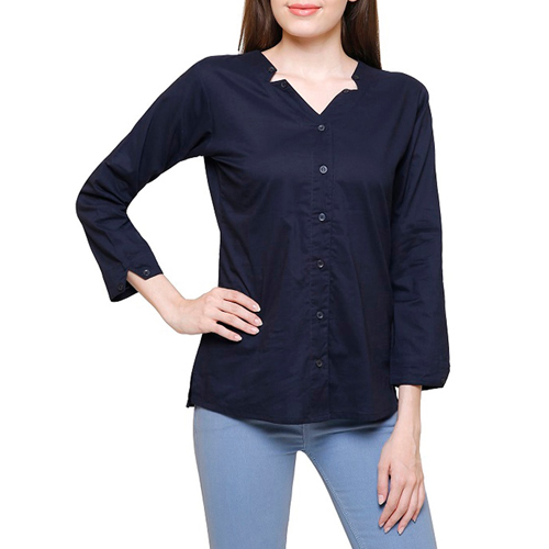 Ladies Navy Blue Solid Cotton Shirt - Cotton, Sizes S-XL (Chest 36-42), Blue, Stylish Cut-Out Collar, Short Sleeves, 25-27 Inch Length