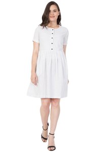 Mythya Ladies Wrap White Dress - Cotton, Bust Size 36-42 Inch, Length 40 Inch, Color: White With Black Borders | Flared Frock Design, Short Sleeves, All Season Wear