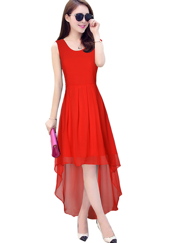 Exclusive Designer Georgette Frock Suit - Front: 35, Back: 55 Inch | Red, Trendy, Sleeveless, Washable, All Season