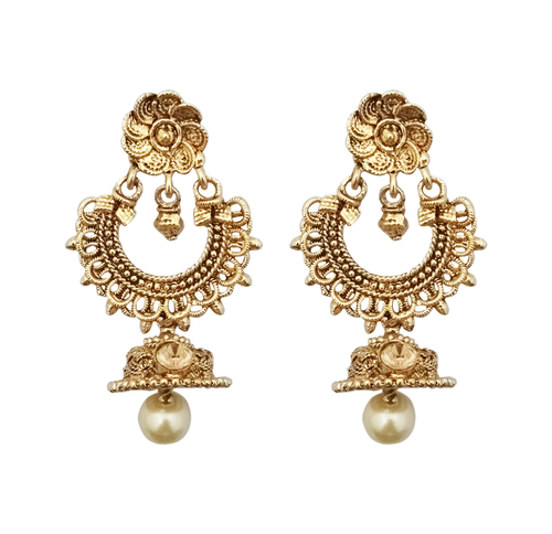 Gold Plated Dangler Earrings - Zinc Alloy, Imitation Pearl | Festive Wear, Durable Design, Classy Ethnic Look with Shining Stones