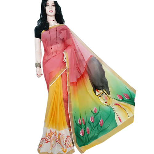 Ladies Red Yellow Chapa Saree