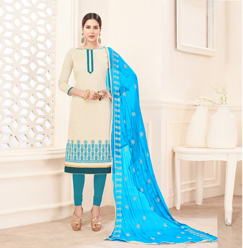 Beige & Sky Blue Unstitched Salwar Suit