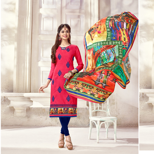 Pink And Blue Printed Cotton Suit