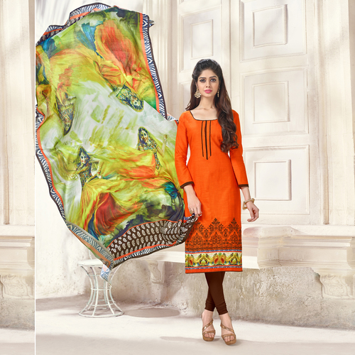 Orange Embroidery Salwar Suit With Printed Dupatta