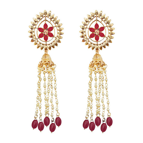Red Dangler Earrings - Zinc Alloy , Imagination Pearl Studded, Ethnic Style for Women, Perfect for Festive Occasions